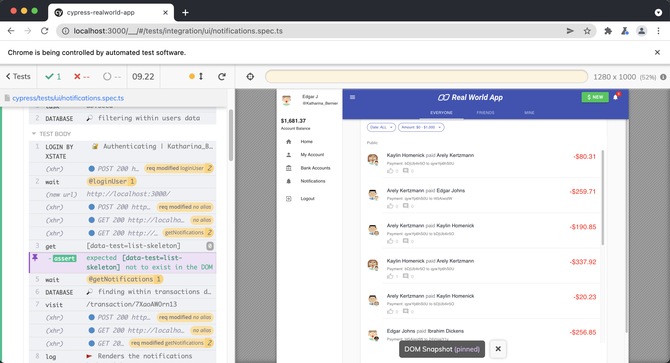 Screenshot of Cypress App with assert command highlighted in purple in the Cypress Command Log. The assert is showing green, which means passing and shows the text 'expected data-test=list-skeleton not to exist in the DOM'. The application under test shows the Real World App with a list of transactions.